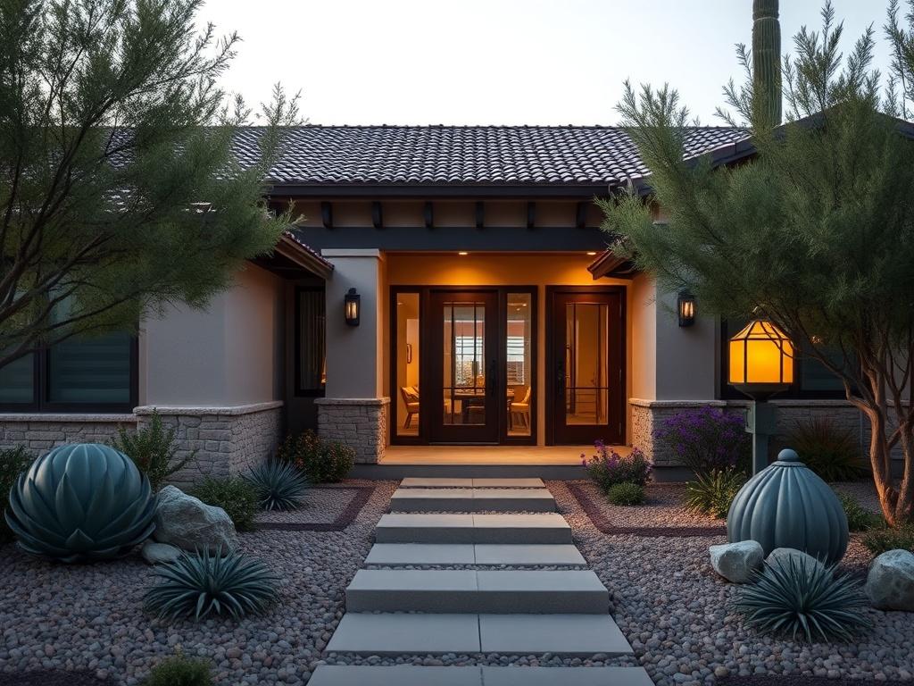 A hyper-realistic close-up shot of a residential home with a welcoming exterior in Tucson, Arizona, showcasing modern architectural features, surrounded by beautiful landscaping. The image should convey a sense of warmth and comfort, captured with a 45mm f/1.2 lens to highlight details.