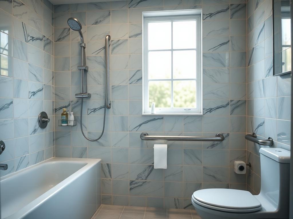 A hyper-realistic close-up shot of a beautifully remodeled bathroom featuring accessibility features like grab bars and wheelchair-friendly shower designs. The image should convey a sense of safety and style, captured with a 45mm f/1.2 lens to highlight details.