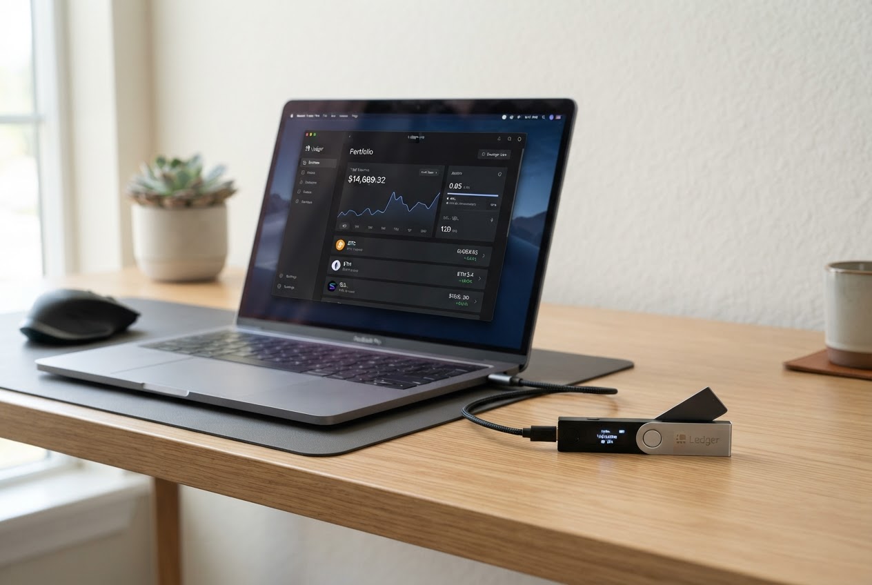 Ledger Nano X hardware wallet with Ledger Live app on laptop display