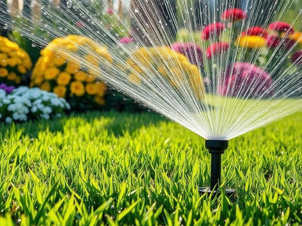 A high-resolution image of a lush green lawn being watered by an automatic sprinkler system. The scene should show a close-up of the sprinkler head spraying water, with droplets glistening in the sunlight. In the background, there should be a well-maintained garden with vibrant flowers and shrubs, showcasing a healthy landscape. The composition should focus on the sprinkler system in action, capturing the essence of efficient irrigation.