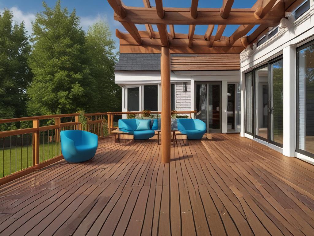 a beautifully constructed wooden deck in a residential backyard, showcasing a blend of natural wood tones and bright blue sky, with lush green landscaping surrounding it, crisp and clear lighting for a fresh and professional look.