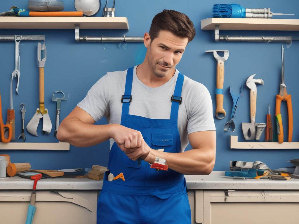 A skilled handyman working on a home repair, featuring tools like a hammer and screwdriver, in a well-lit, tidy space with a bright blue color palette, showcasing professionalism and craftsmanship.