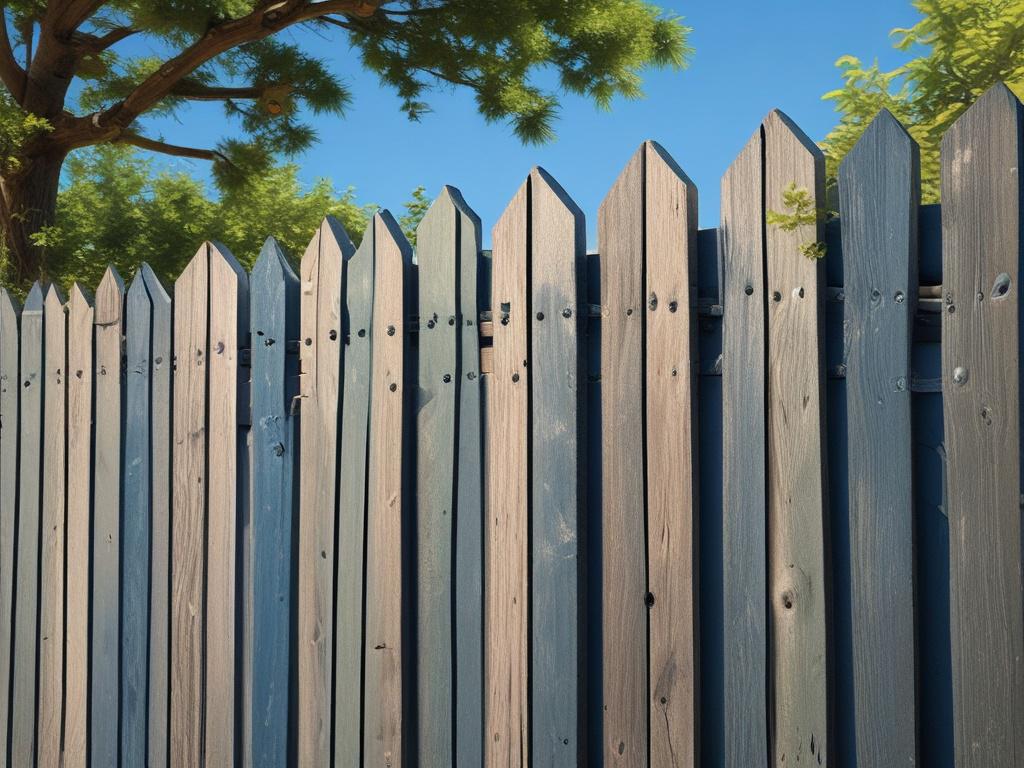 realistic high-resolution image of a newly installed wooden fence in a residential backyard, bright blue sky, crisp clear lighting, showcasing the fence's details and surrounding landscape, focusing on the fence as the central subject