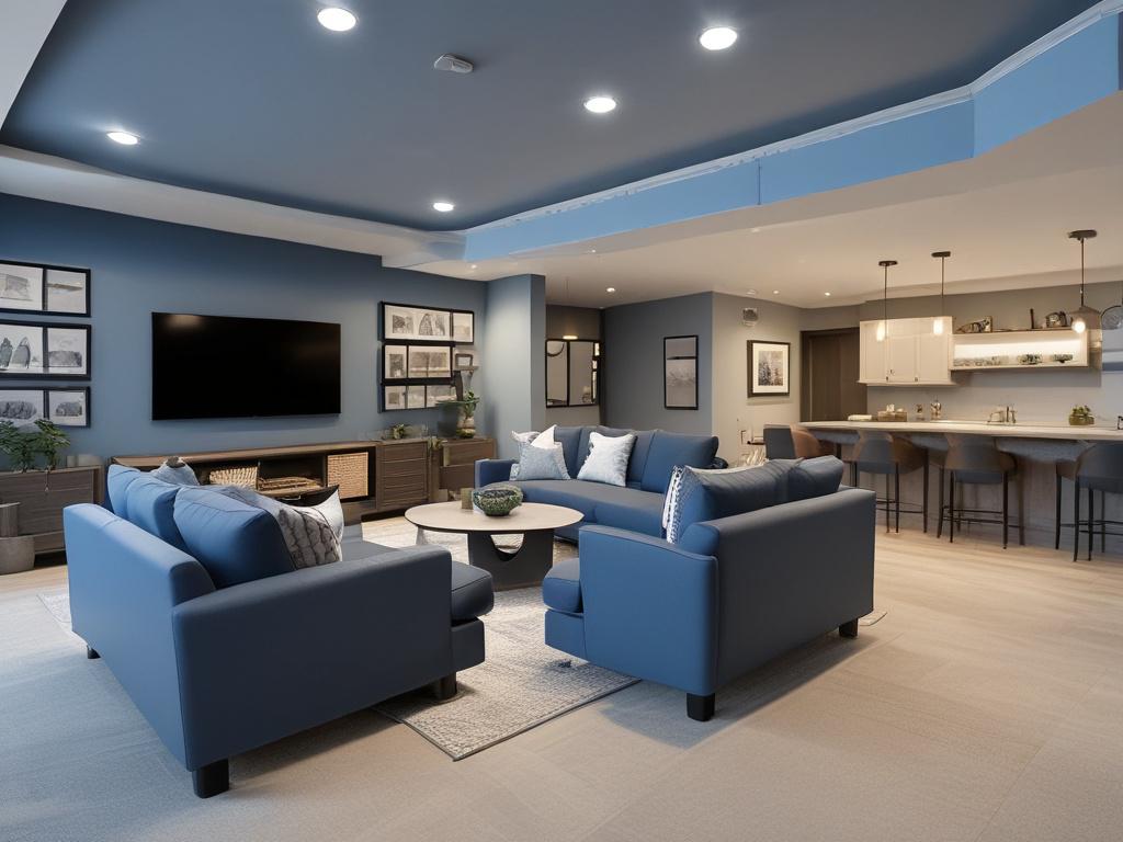 a beautifully remodeled basement with modern furnishings, bright blue tones,
