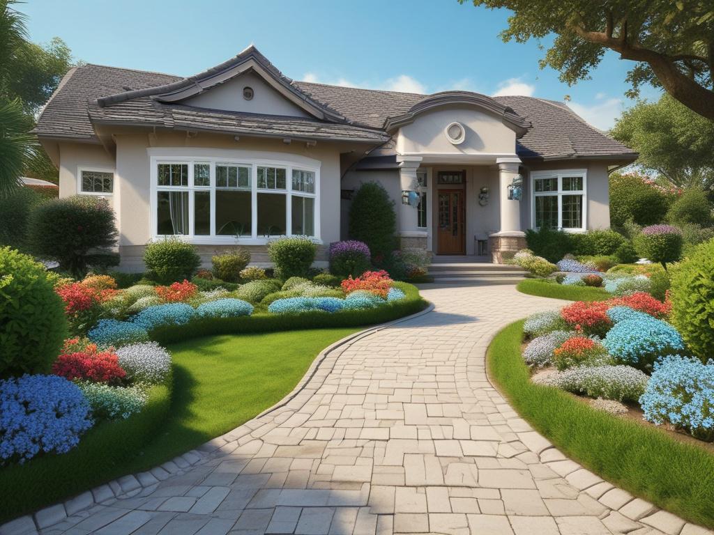 a beautifully landscaped garden with vibrant flowers, manicured lawns, and
