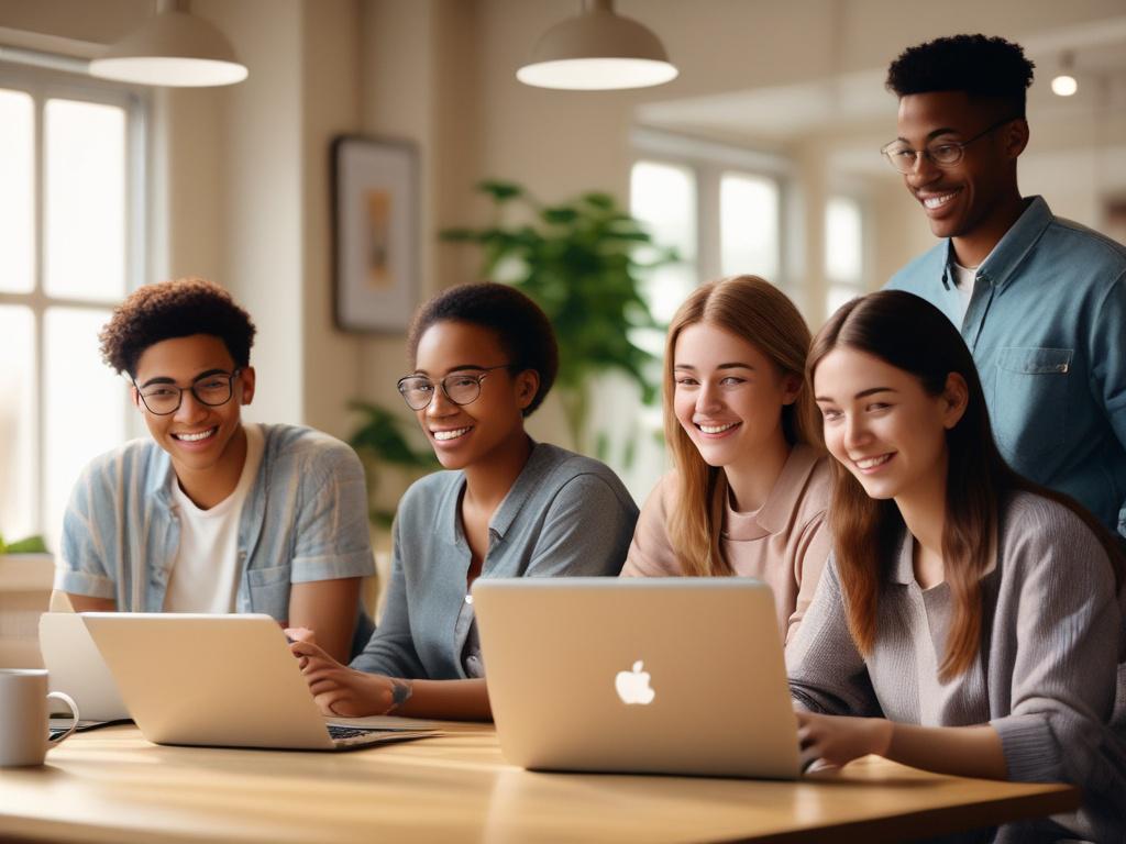 a group of diverse students engaged in an online English