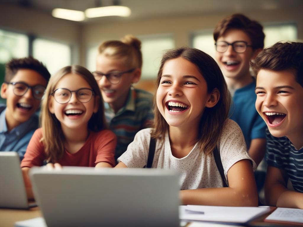 A close-up shot of boys and girls laughing and having fun during an online English class, viewed from the perspective of the teacher. The children should be engaged and expressive, showcasing joy and excitement. The background should subtly suggest a home environment with hints of technology like laptops or tablets. The lighting should be warm and inviting, capturing the essence of a friendly and lively online learning atmosphere.