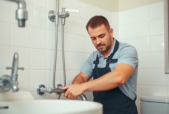 Professional plumber working in residential bathroom