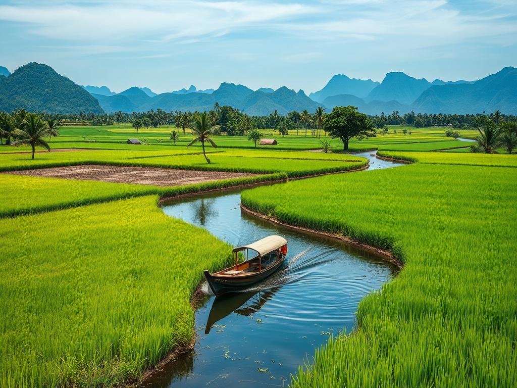 A realistic high-resolution photo of a stunning Thai landscape featuring lush green rice paddies, a traditional Thai long-tail boat on a serene river, and distant mountains under a clear blue sky. The close-up shot focuses on the vibrant colors of the landscape, highlighting the natural beauty of Thailand. This image should evoke a sense of adventure and tranquility, ideal for showcasing travel itineraries.