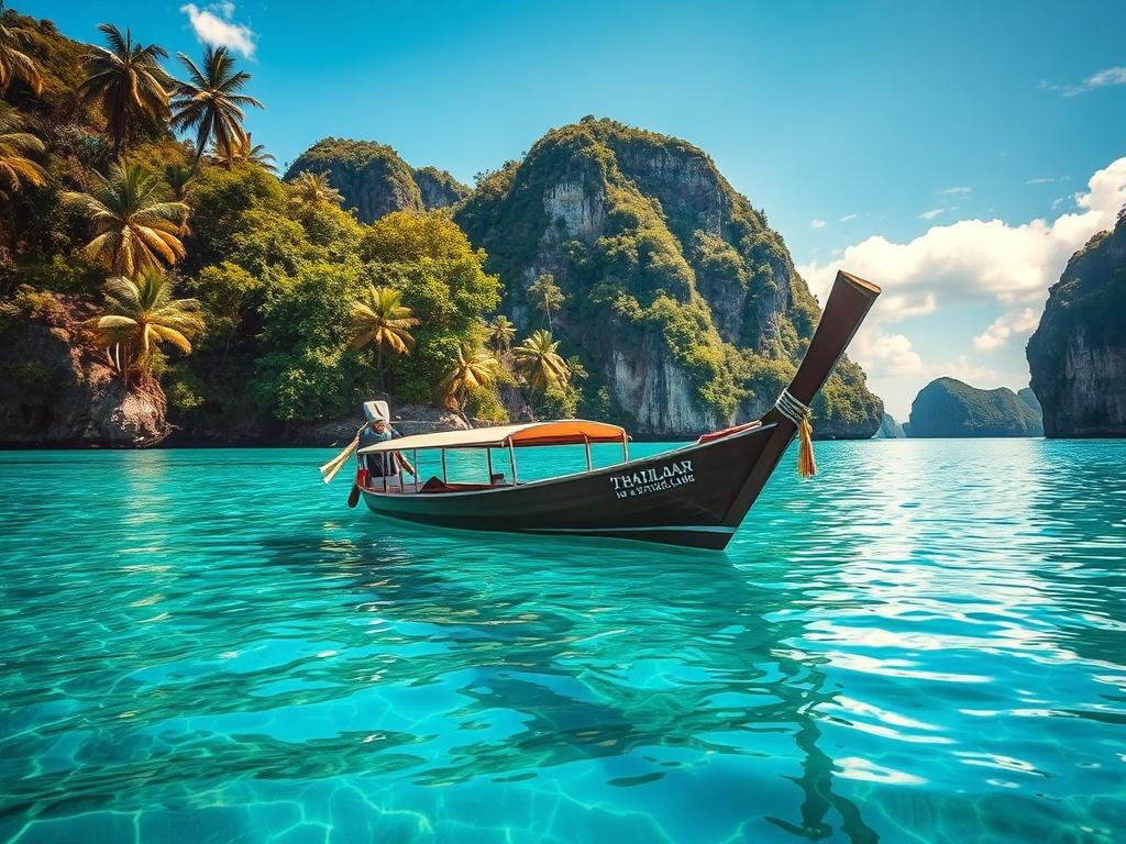Create a realistic high-resolution photo that visually represents the theme of "Guida ai Viaggi in Thailandia." The composition should be simple and clear, featuring a single captivating subject: a traditional Thai boat (long-tail boat) gracefully floating on the crystal-clear waters of a serene bay, reflecting the vibrant blues and greens of the surroundings. 

In the background, include lush tropical greenery with palm trees, rocky cliffs, and perhaps a distant island to enhance the sense of adventure and