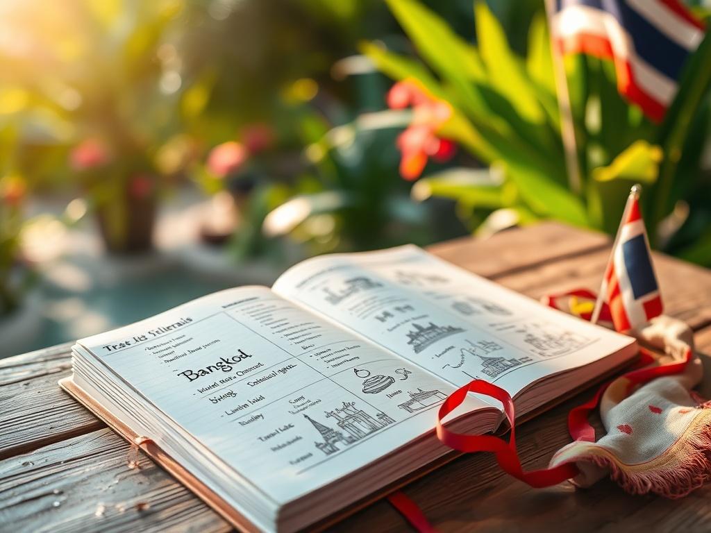 Create a realistic high-resolution photo for a blog titled "Guida ai Viaggi in Thailandia." The image should feature a single subject: a well-organized travel itinerary notebook open on a rustic wooden table. The notebook should display neatly written plans for traveling in Thailand, including key locations like Bangkok and Chiang Mai, as well as doodles of iconic Thai landmarks such as temples and street food. 

The background should portray a soft blur of an outdoor tropical setting, suggesting lush green