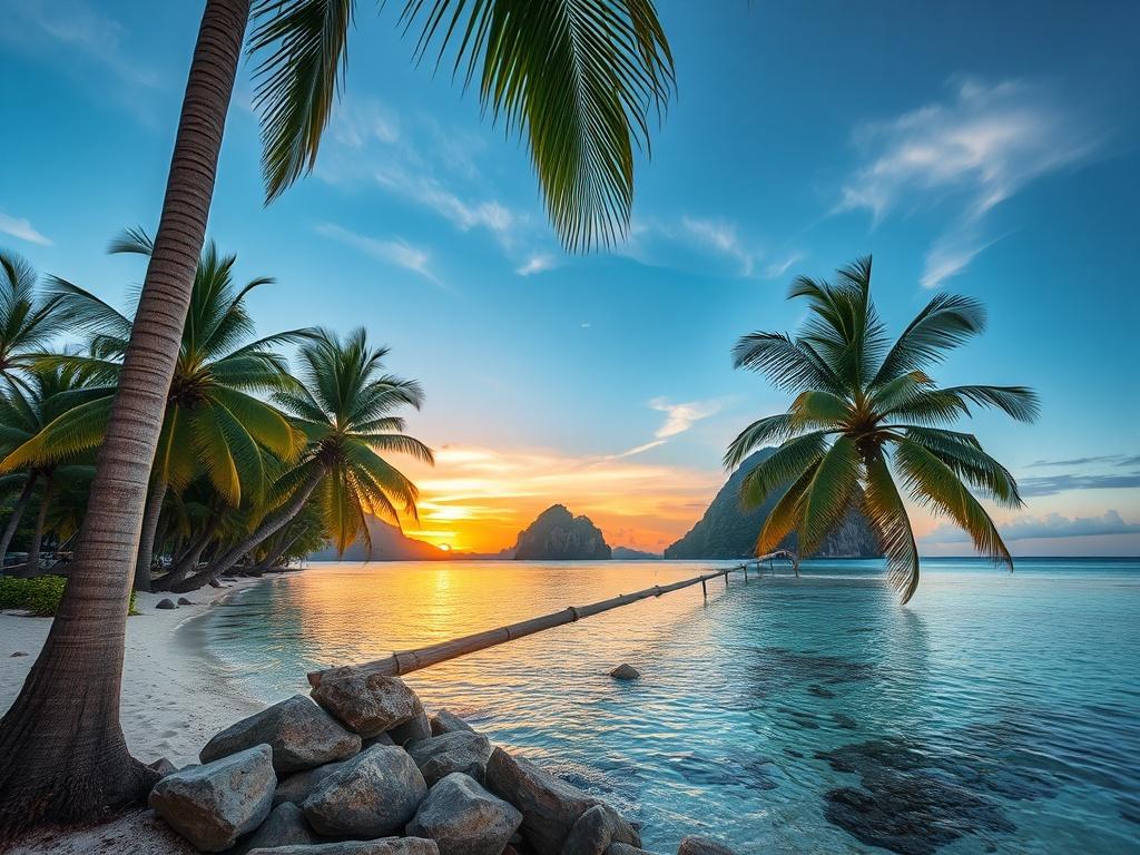 A close-up shot of a beautiful tropical landscape in Thailand, showcasing palm trees, crystal-clear waters, and a vibrant sunset. The composition should be clean and focused, highlighting the natural beauty of Thailand. The background should be softly blurred to emphasize the foreground, creating a serene and inviting atmosphere.