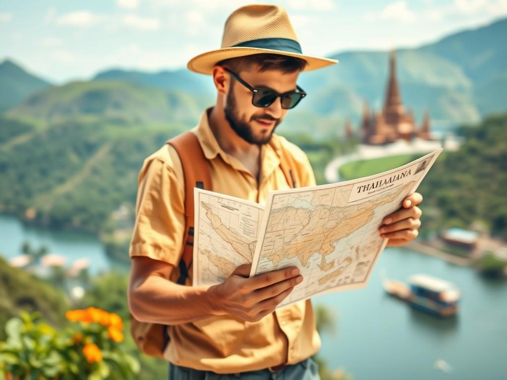**Prompt for AI Image Generator:**

Create a realistic high-resolution photo titled "Guida ai Viaggi in Thailandia." The composition should be simple and clear, featuring a single subject: a seasoned traveler holding a detailed map of Thailand, looking intently at it with a sense of excitement and curiosity. 

The subject should be positioned in the foreground, ensuring the focus is entirely on them. They should be dressed in casual travel attire suited for a warm climate, such as a short-sleeved shirt, sho