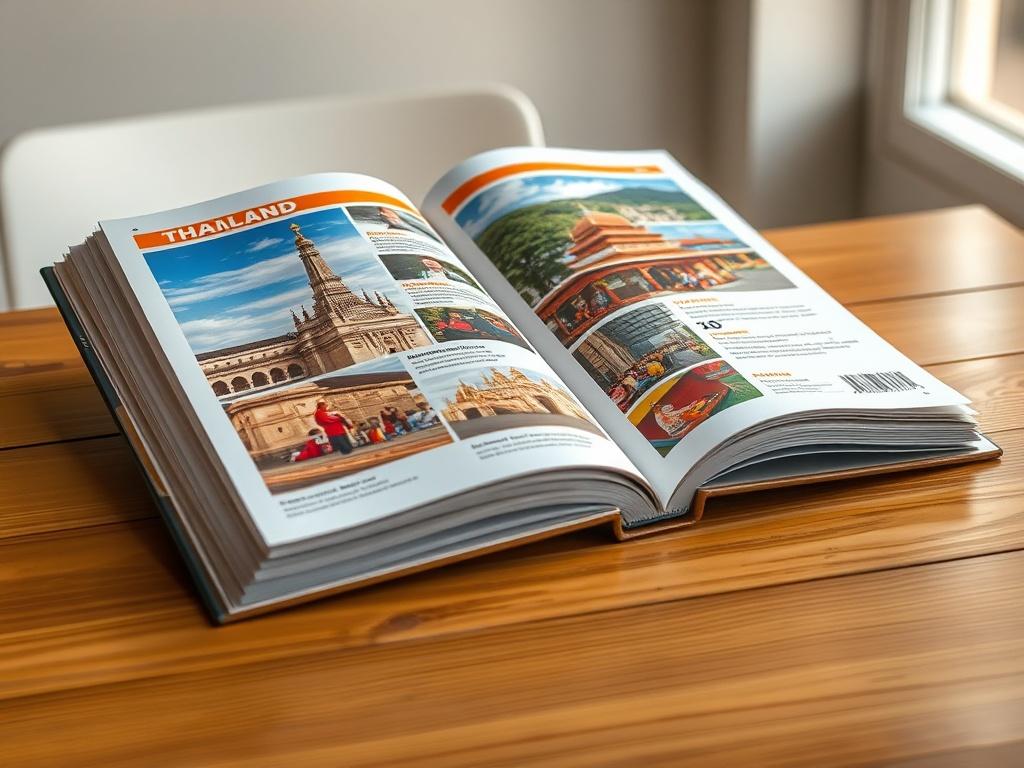 A realistic high-resolution photo showing an open travel guide book on a wooden table, with colorful images of Thailand's landmarks, vibrant street food, and traditional culture. The background is softly blurred to focus on the guidebook, with natural light illuminating the pages.