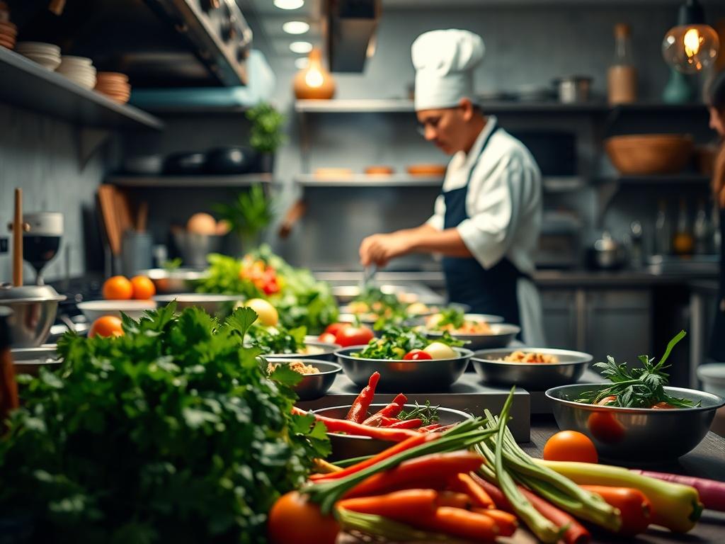 A realistic high-resolution photo showing a vibrant cooking class in action, with a chef demonstrating the preparation of Thai dishes in a well-lit kitchen. Fresh ingredients like herbs, spices, and colorful vegetables are displayed in the foreground, emphasizing the culinary experience.