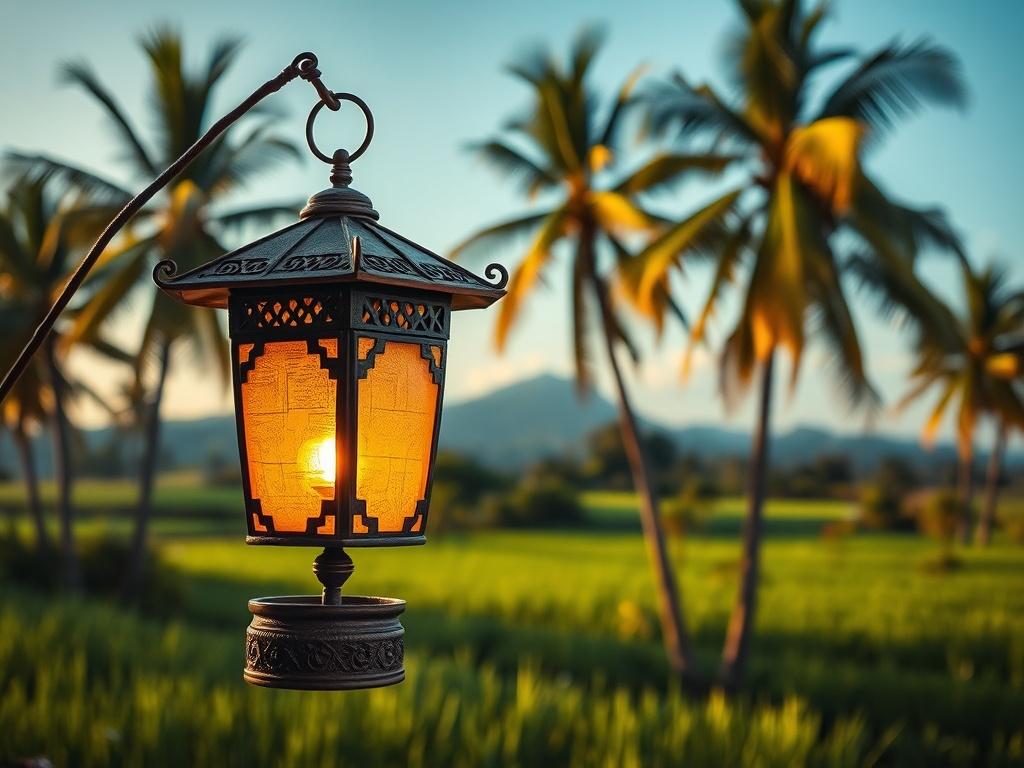 Create a realistic high-resolution photo that captures the essence of a blog titled "Viaggio in Thailandia: Guida Completa." The composition should be simple and clear, focusing on a single subject that embodies the spirit of Thailand. 

The subject of the image should be a traditional Thai lantern, beautifully crafted, illuminated softly to evoke a sense of warmth and adventure. The lantern should be placed centrally in the frame to draw immediate attention to it.

In the background, create a subtle yet vi