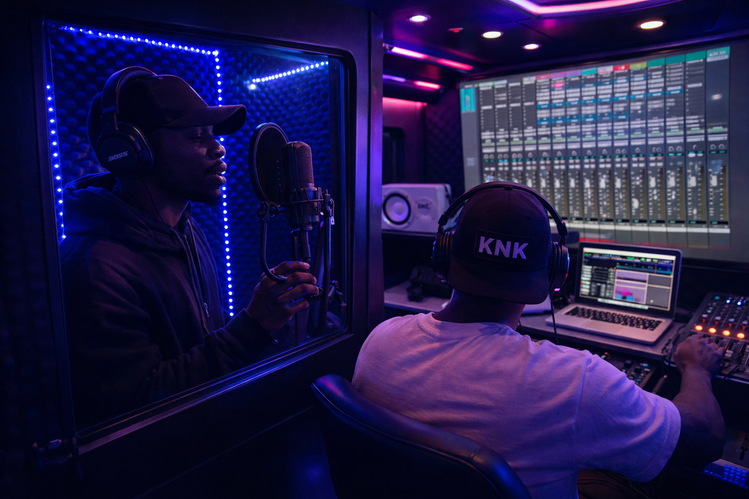 Three Black people recording music inside a mobile recording studio bus with professional equipment
