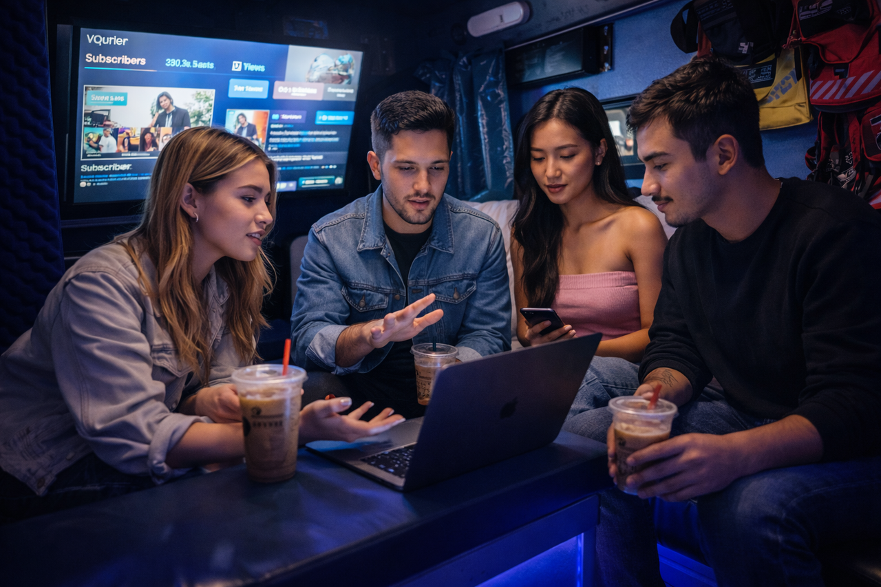 Professional content creators and influencers recording inside a mobile studio bus with professional equipment