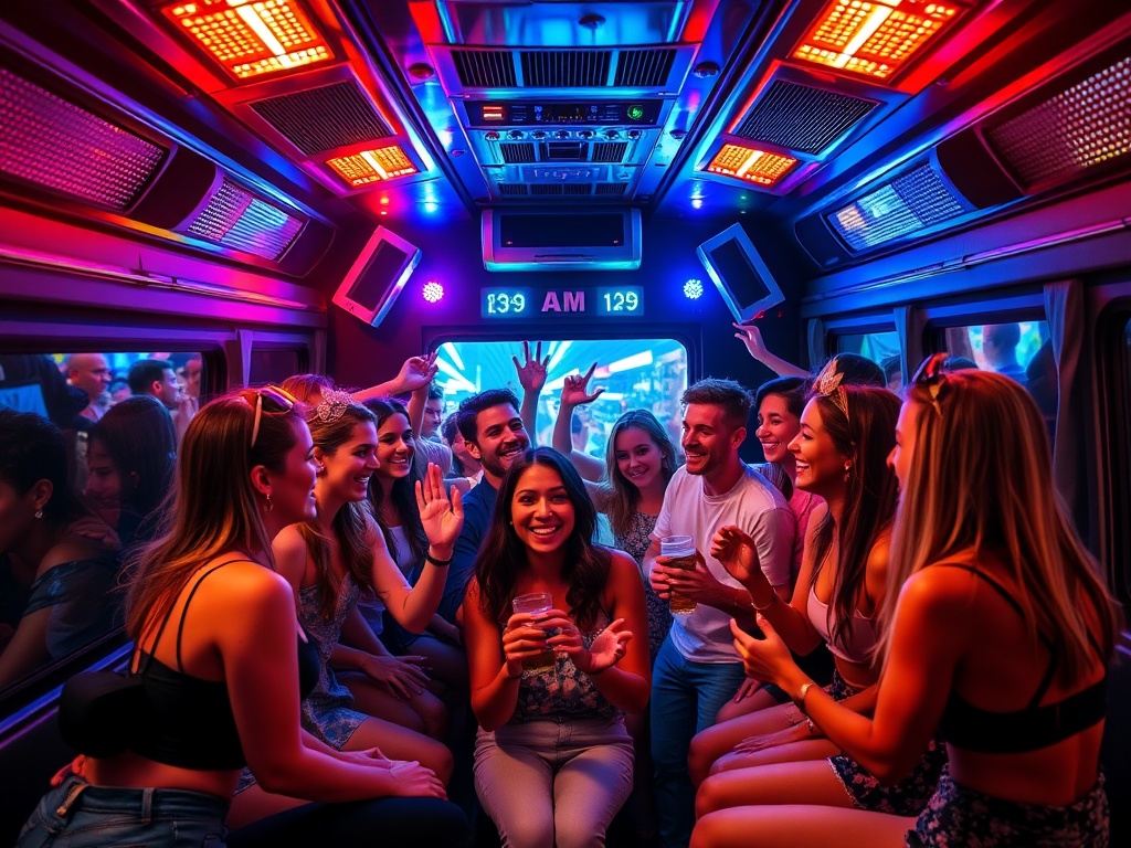 Group of young adults celebrating at a birthday party inside mobile recording studio bus with party lights