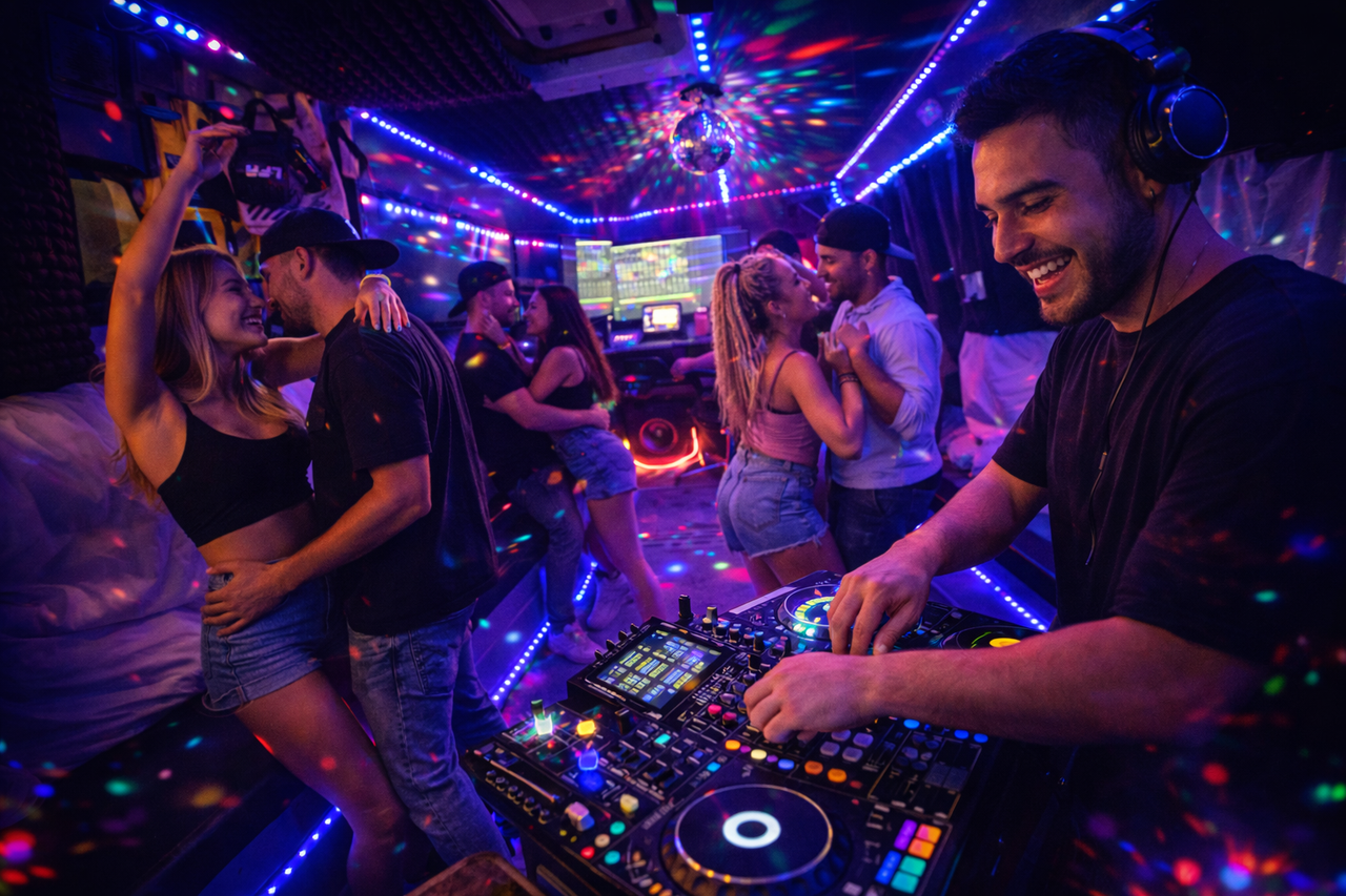 Group of young adults celebrating at a birthday party inside mobile recording studio bus with party lights