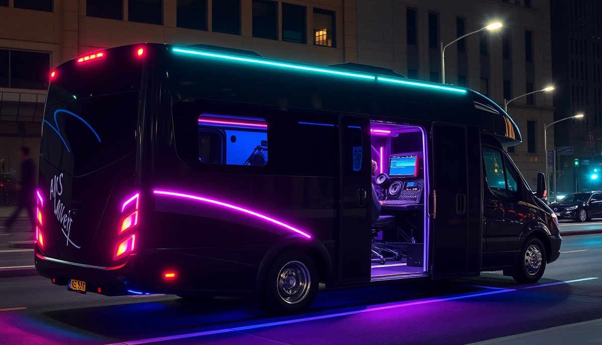 Legacy Mobile Studio exterior at night with LED lights