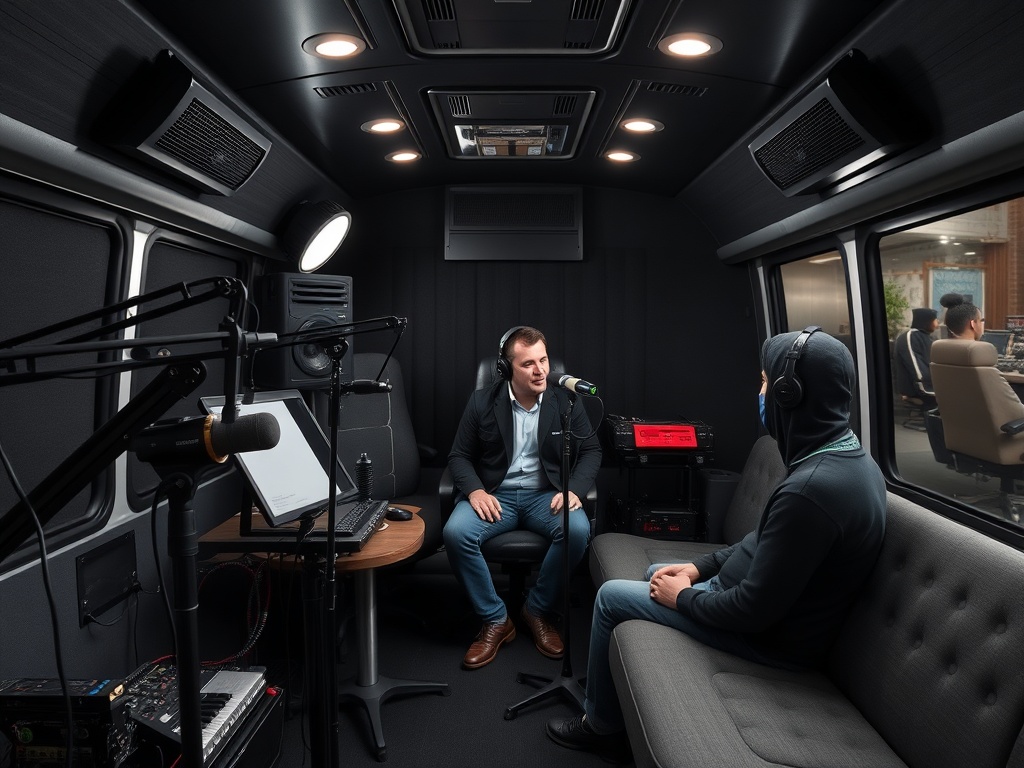 Professional podcast recording studio setup inside a mobile bus with microphones and audio equipment