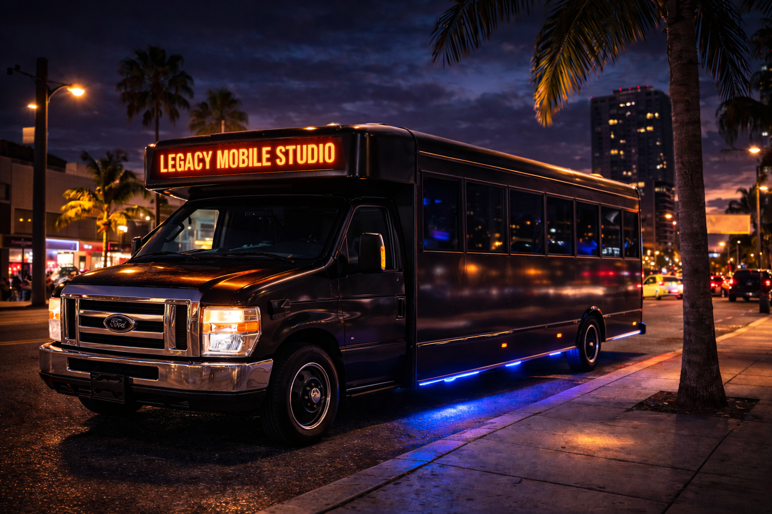 Legacy Mobile Studio bus exterior at night