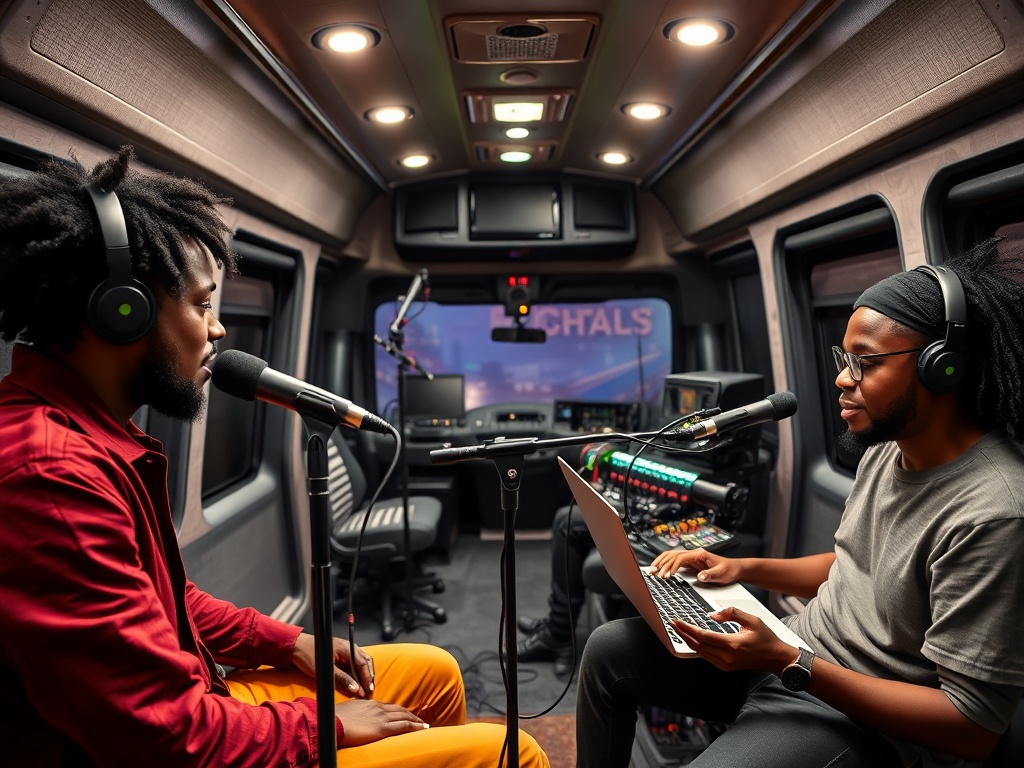 Three Black people recording music inside a mobile recording studio bus with professional equipment