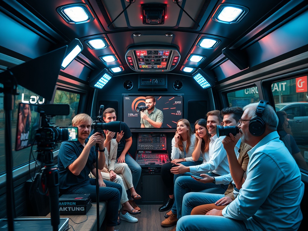 Professional content creators and influencers recording inside a mobile studio bus with professional equipment