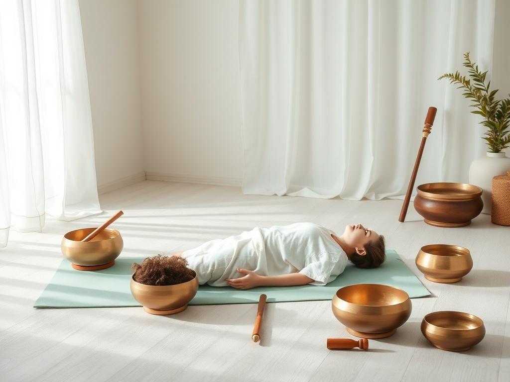 A serene sound healing session in a calm, softly lit room. A single person, lying comfortably on a yoga mat, surrounded by various sound healing instruments such as singing bowls and tuning forks. The atmosphere should exude peace and tranquility, with gentle light filtering through sheer curtains. The individual appears relaxed and at ease, embodying the essence of rejuvenation and harmony. Soft, soothing colors like light blues and greens create a soothing ambiance.