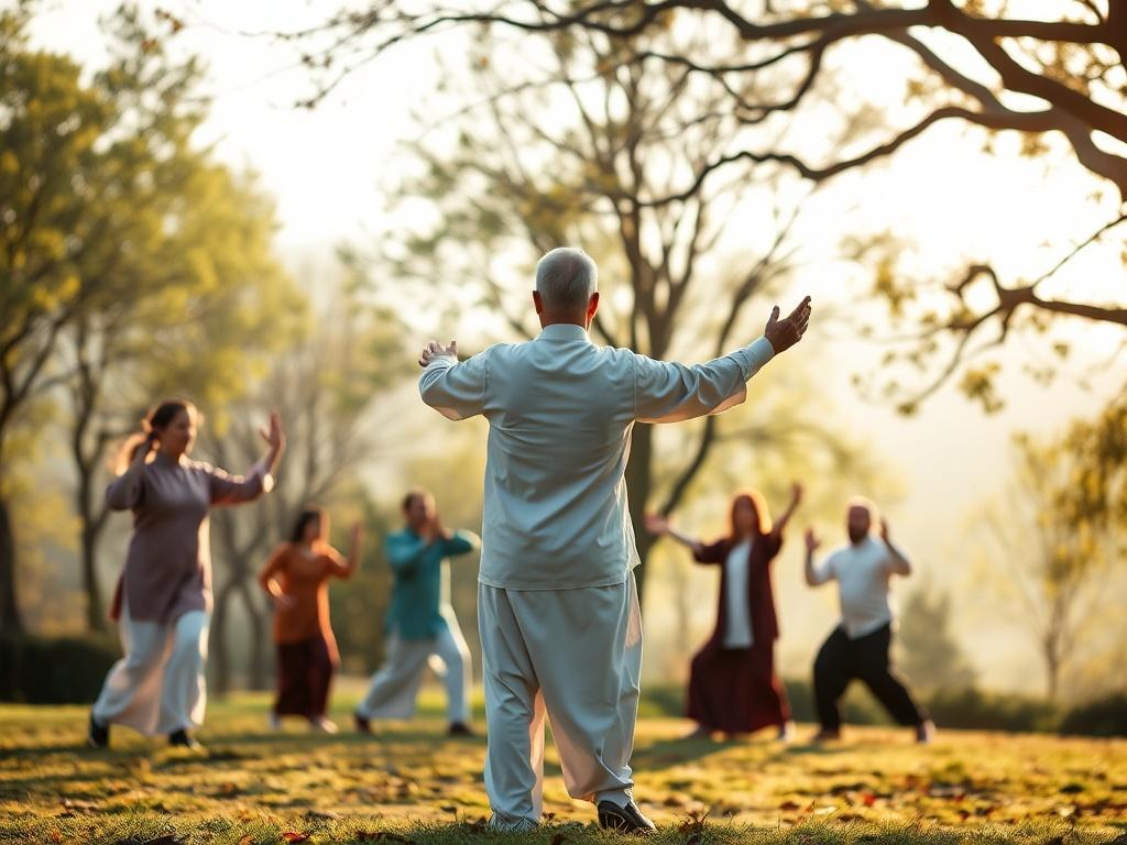 An outdoor scene showcasing a Qigong instructor leading a small