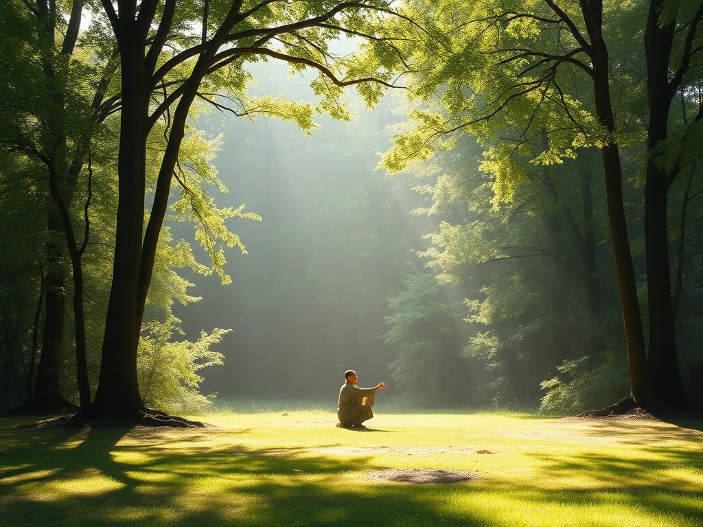 A serene natural setting depicting a tranquil forest with soft sunlight filtering through the leaves. A solitary figure practicing qigong in a peaceful clearing, surrounded by lush greenery. The atmosphere is calm and inviting, evoking a sense of harmony and inner peace.