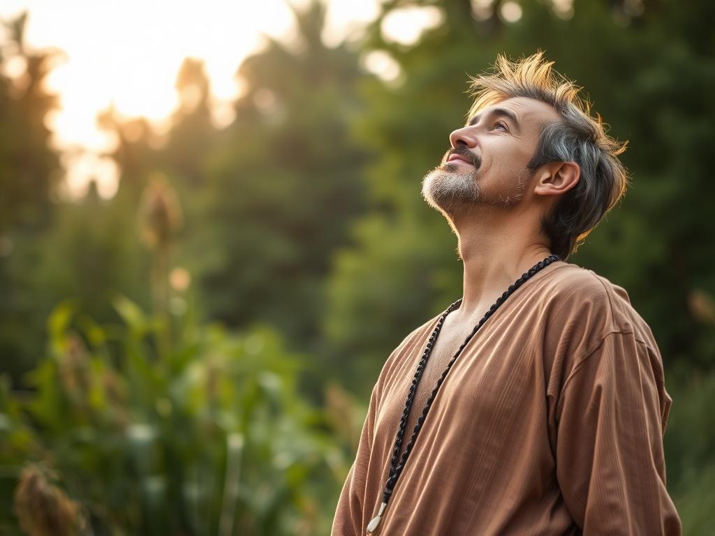 A man graciously receiving guidance and advice in a natural setting. He is wearing loose fitting hippie clothes and looking towards the sky, facing to the right. The man is centered towards the bottom of the picture, allowing his face to be visible at the bottom of the frame. The background features lush greenery and soft, natural light that creates a peaceful atmosphere.