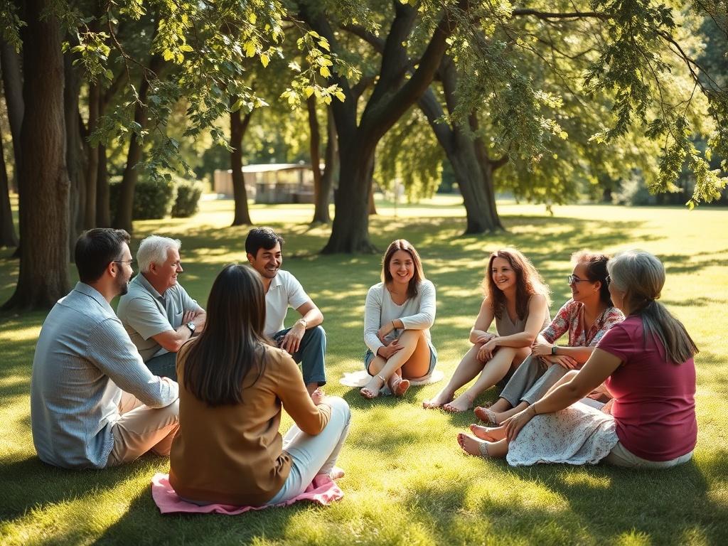 A serene outdoor scene featuring a diverse group of people, including men and women of various ages and ethnicities, sitting in a circle on a grassy area surrounded by trees. They are engaging in a heartfelt discussion, with warm smiles and open body language, showcasing a sense of community and connection. The sunlight filters through the leaves, casting soft shadows on the ground, creating a peaceful and inviting atmosphere.