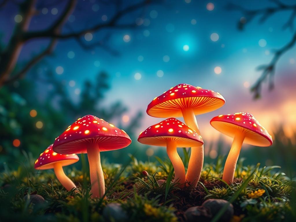 A whimsical representation of cosmic mushrooms playfully dancing in a serene and magical forest setting. The mushrooms should have vibrant colors, glowing softly, with gentle lighting that casts a warm ambiance. The background should feature lush greenery and twinkling stars in a twilight sky, creating a peaceful atmosphere. The composition should be simple, focusing on the enchanting mushrooms in motion, evoking a sense of joy and wonder.