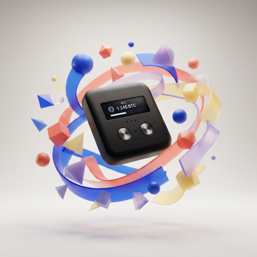 Trezor hardware wallet surrounded by colorful abstract shapes