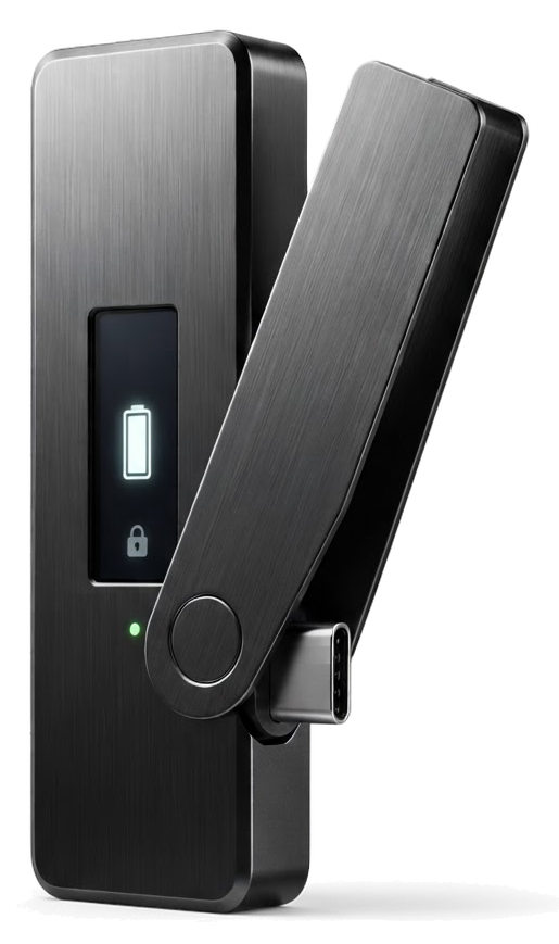 A generic graphite hardware wallet device with a small display, shown in full against the desktop and security guide's split background