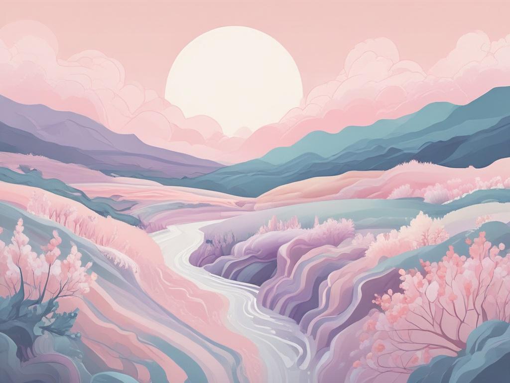 A serene landscape with soft pastel hues, featuring swirling forms