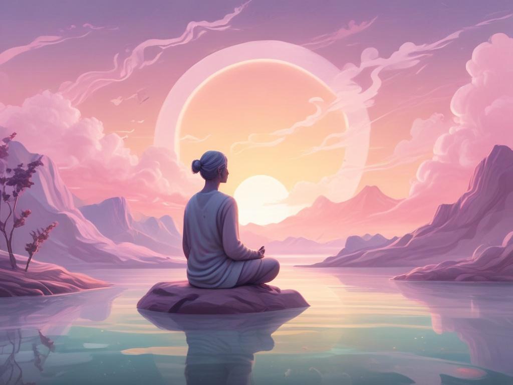 a serene landscape with soft pastel colors, a person sitting