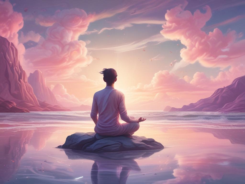 a tranquil scene with soft pastel hues, a person meditating