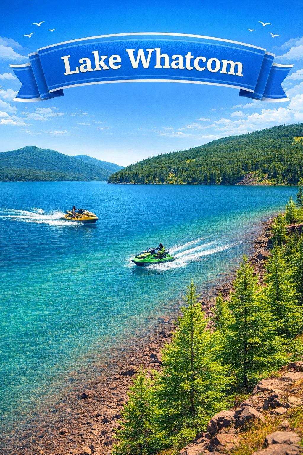 Lake Whatcom with forested hills and clear blue water