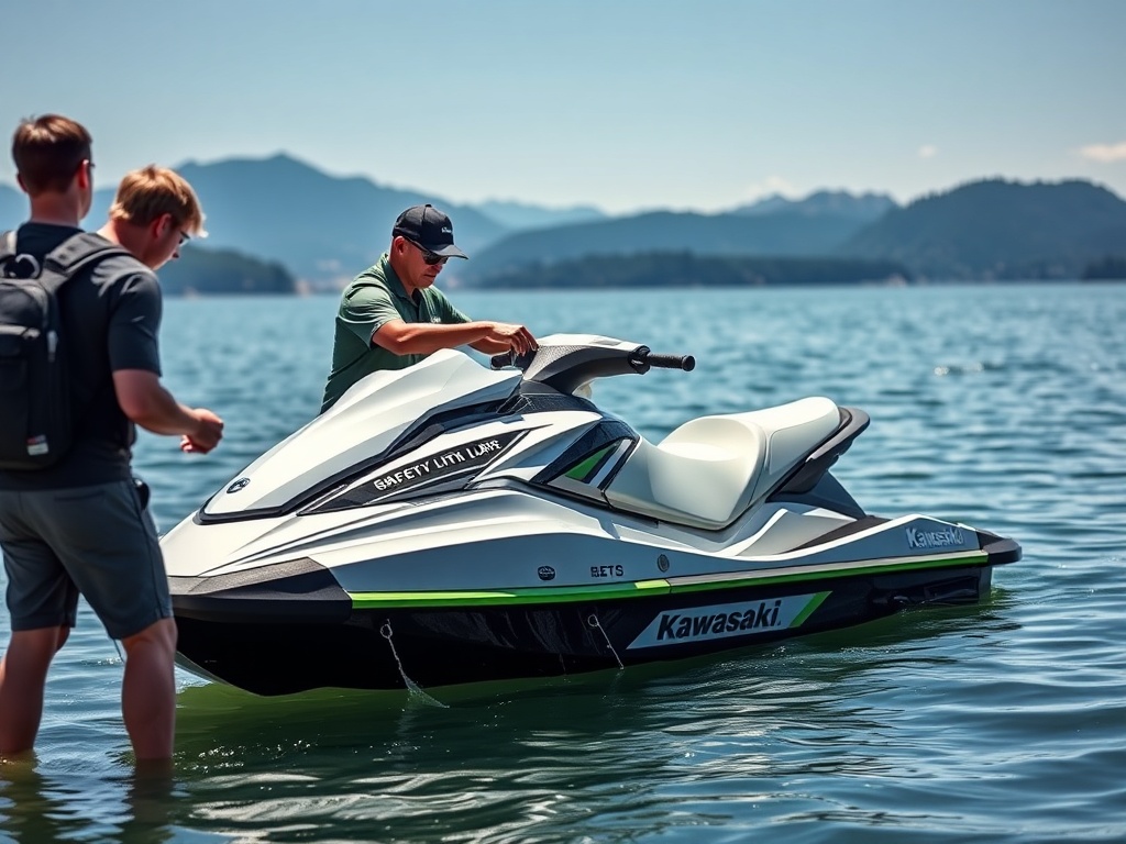 Professional safety inspection of jet ski at beautiful Washington lake