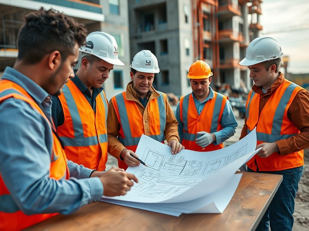 A close up shot of a construction team discussing blueprints