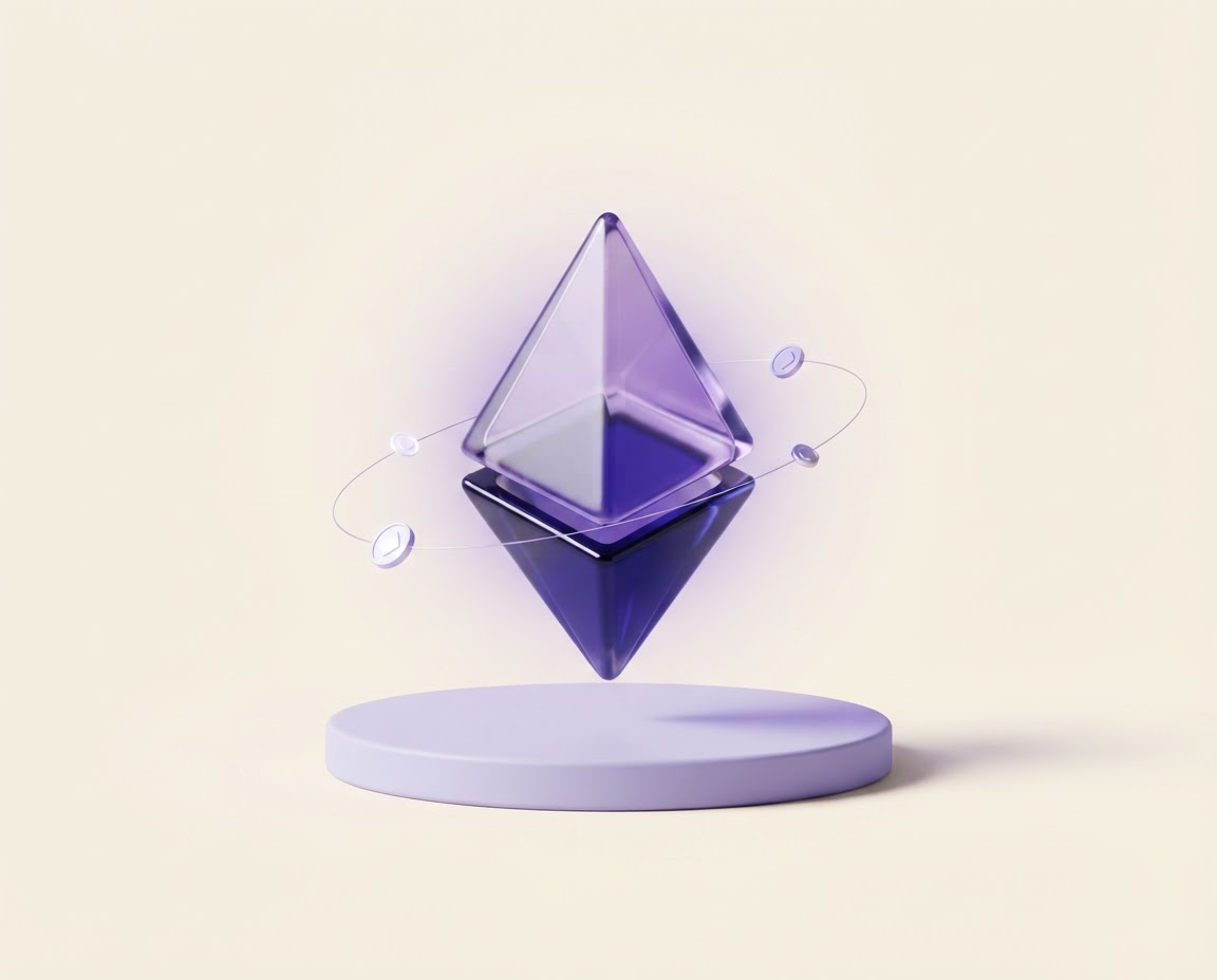 Abstract violet glass prism surrounded by subtle blockchain-inspired elements