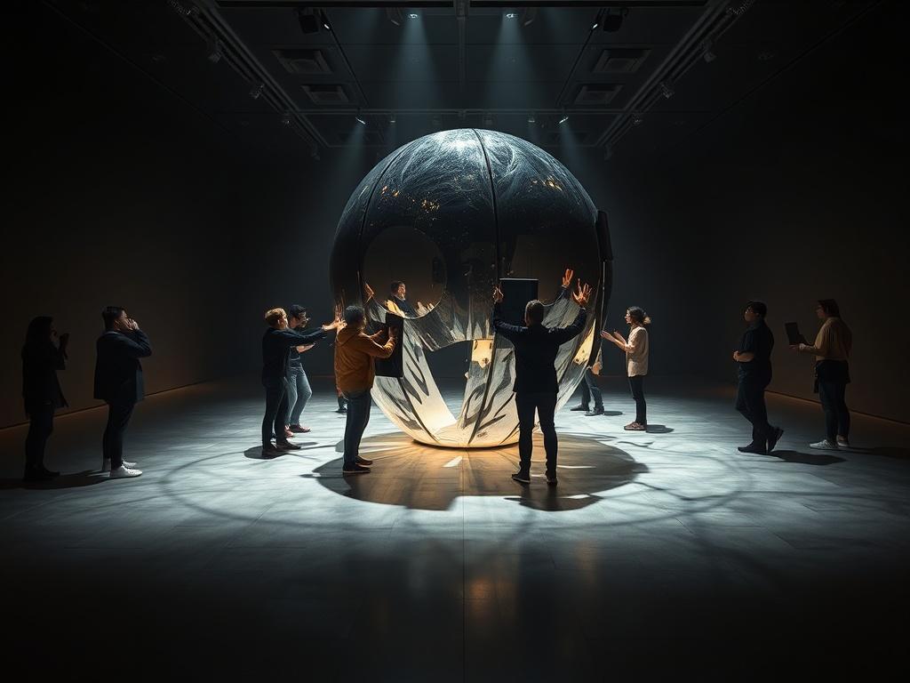 A dramatic installation art piece in a dimly lit gallery,