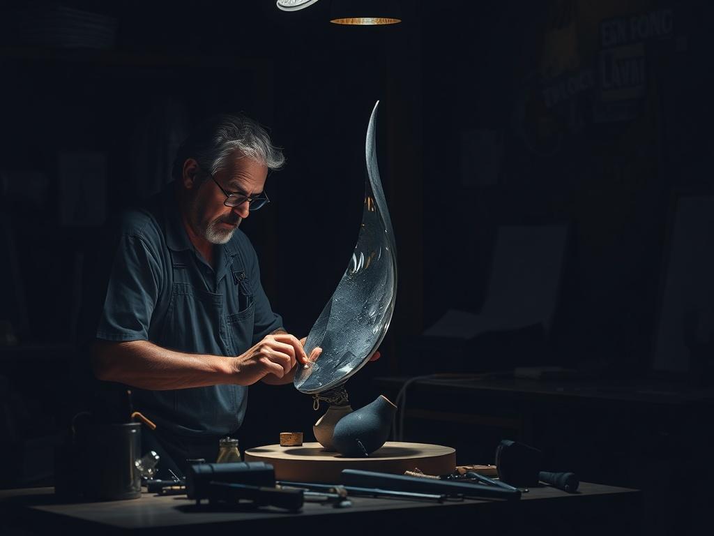 A skilled artist working on a striking, reflective sculpture in