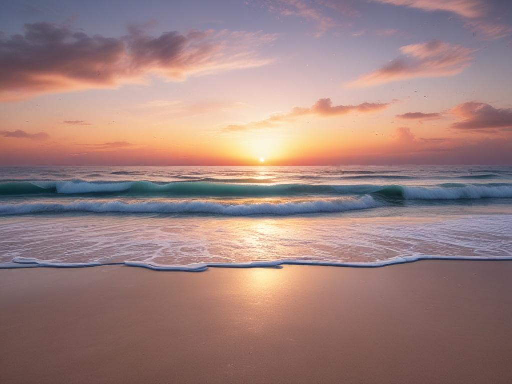 A serene oceanic landscape at sunset, soft waves gently lapping