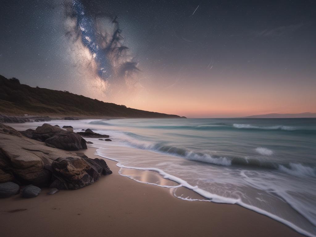 a peaceful shoreline with gentle waves under a starry sky,