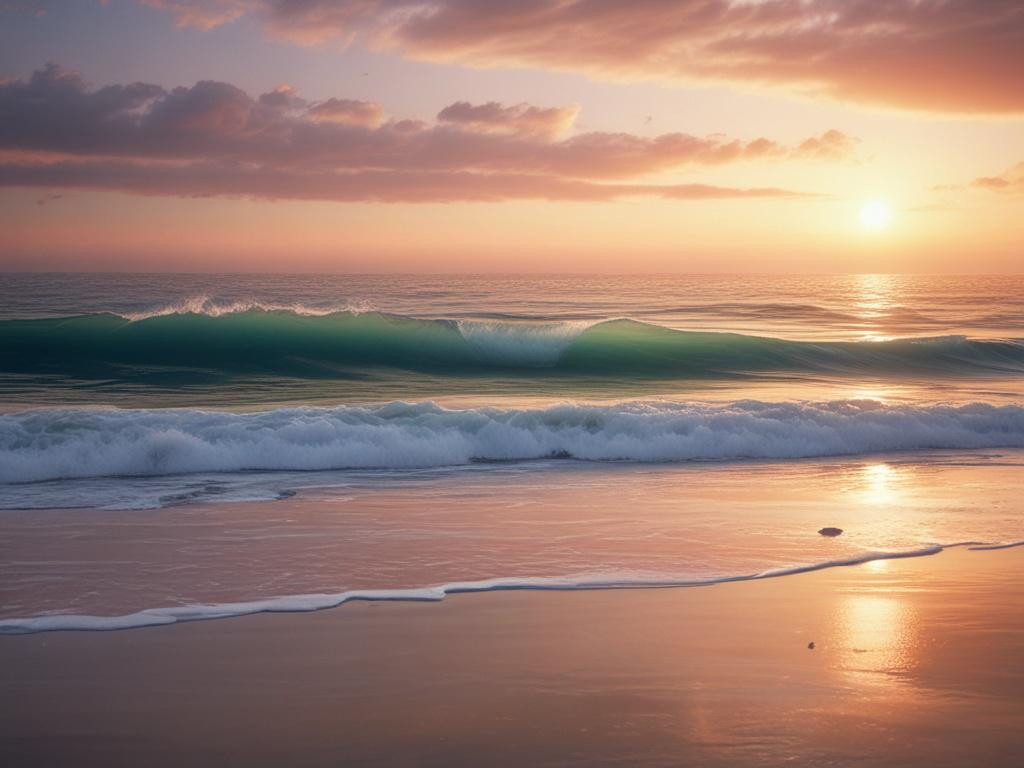 a serene ocean horizon at sunset, soft waves lapping at
