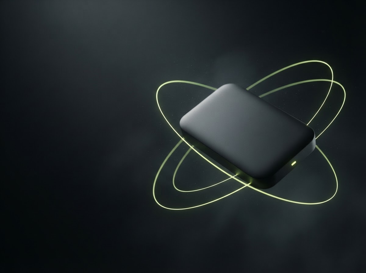 Matte-black hardware wallet in a dark studio with a subtle green status light